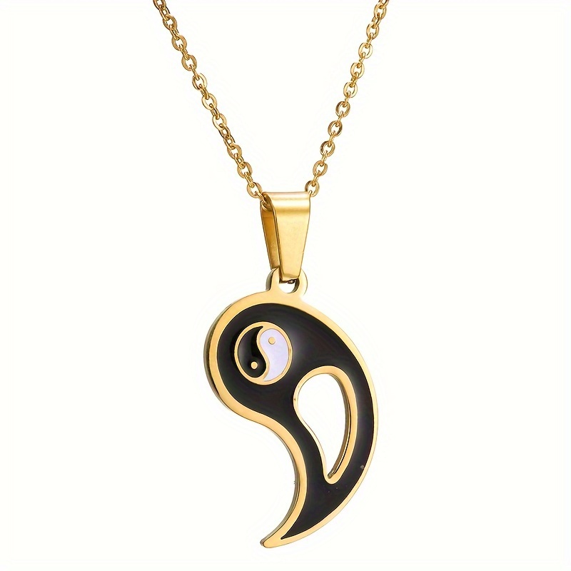Yin Yang Puzzle Matching Pendant Necklace Couples Stainless Steel Enamel